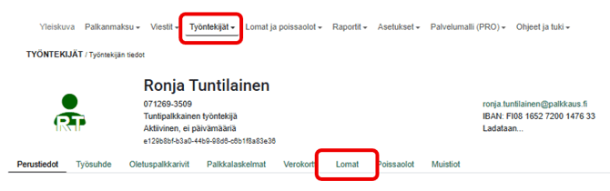 FI Pro Palkat Palkanlaskija - Työntekijät - Lomat