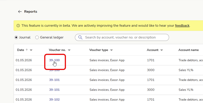 EN Reports - General ledger and journal - Click voucher number