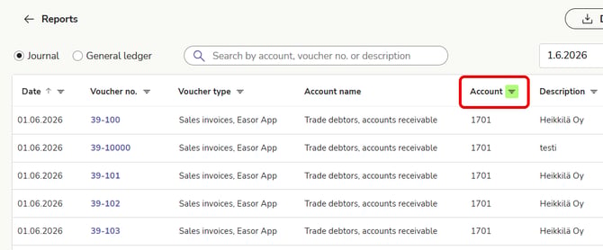 EN Reports - General ledger and journal - Journal - Filter active green icon Sep26