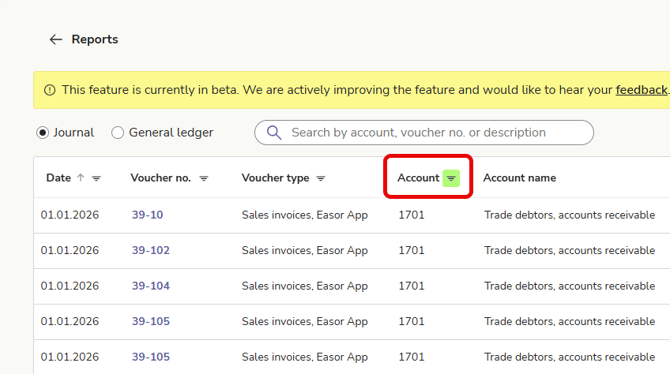 EN Reports - General ledger and journal - Journal - Filter active green icon