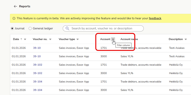 EN Reports - General ledger and journal - Journal - Filter column popup