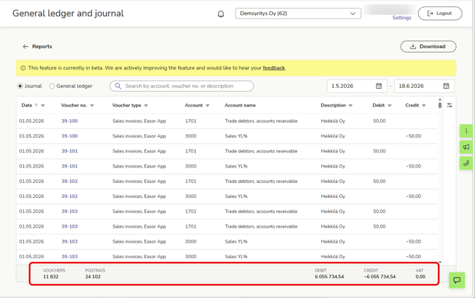 EN Reports - General ledger and journal - Journal - Summary bar