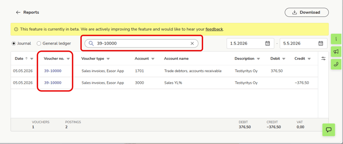 EN Reports - General ledger and journal - Search with voucher number