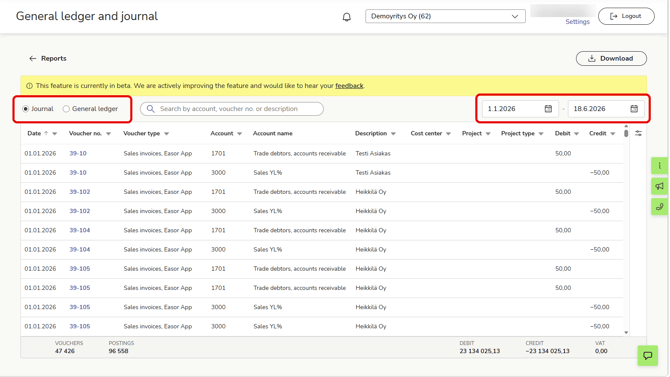 EN Reports - General ledger and journal - Select report and dates