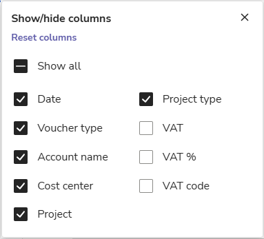 EN Reports - General ledger and journal - Show hide columns dialog