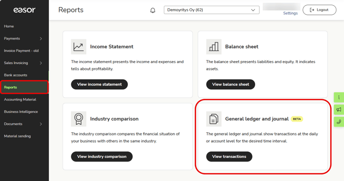 EN Reports - Landing page - General ledger and journal
