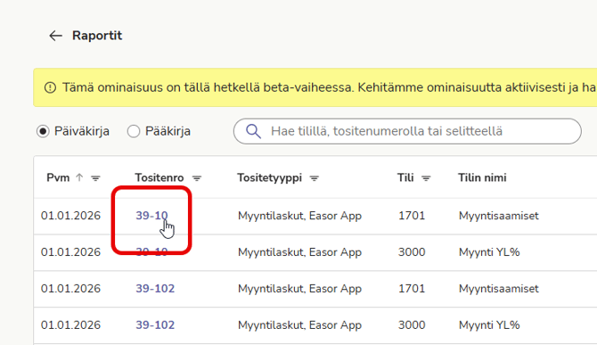 FI Raportit - Pää- ja päiväkirja - Klikkaa tositenumeroa