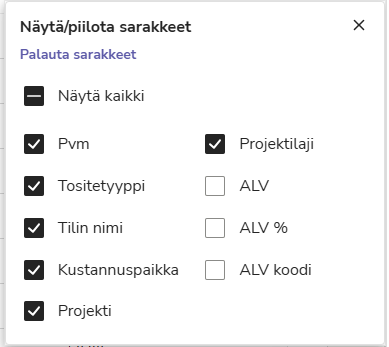 FI Raportit - Pää- ja päiväkirja - Päiväkirja - Näytä piilota sarakkeet dialogi