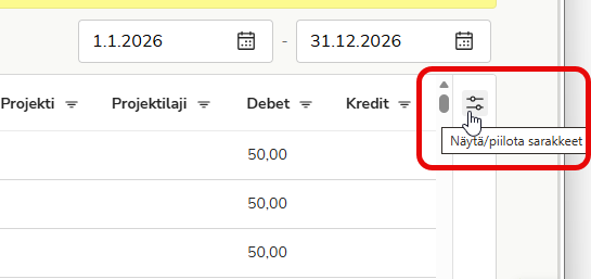 FI Raportit - Pää- ja päiväkirja - Päiväkirja - Näytä piilota sarakkeet