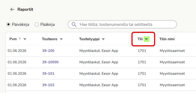 FI Raportit - Pää- ja päiväkirja - Päiväkirja - Sarakkeen suodatus päällä Sep26