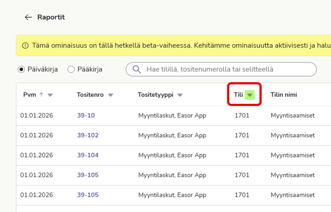 FI Raportit - Pää- ja päiväkirja - Päiväkirja - Sarakkeen suodatus päällä
