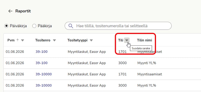 FI Raportit - Pää- ja päiväkirja - Päiväkirja - Suodata sarake popup Sep26