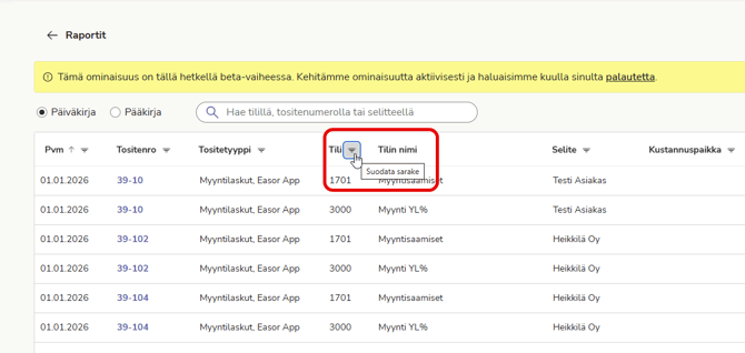 FI Raportit - Pää- ja päiväkirja - Päiväkirja - Suodata sarake popup