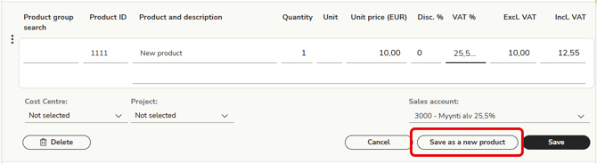 EN Easor App - Sales invoicing - Add new row - Save as new product