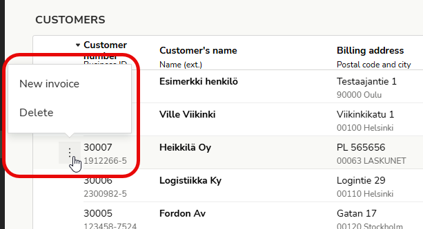 EN Easor App - Sales invoicing - Customer register - Customer - Threedot menu