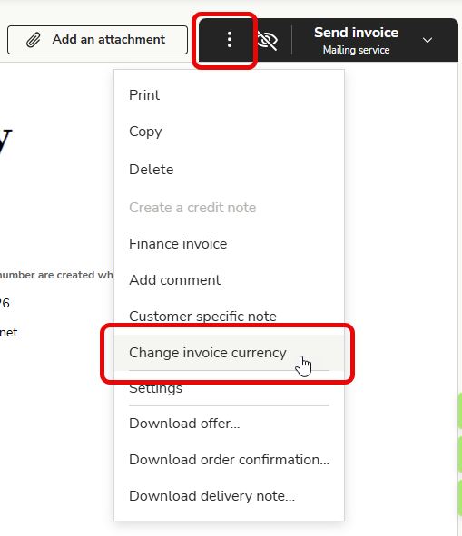 EN Easor App - Sales invoicing - Invoice - Threedot menu - Change currency
