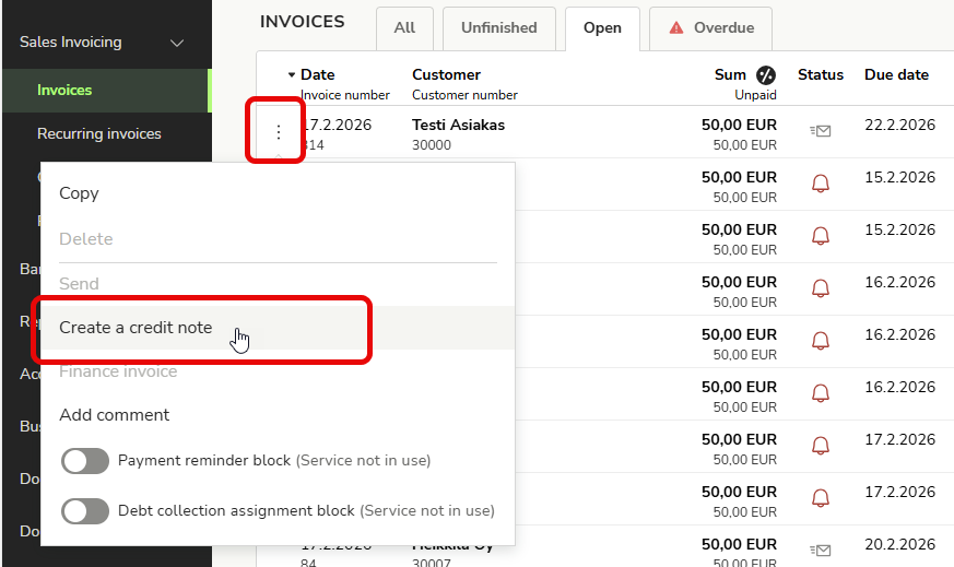 Create a credit note for a sales invoice
