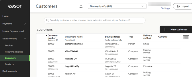 EN Easor App - Sales invoicing - Main menu - Customers