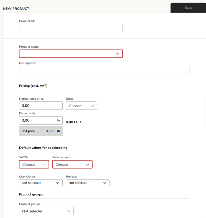 EN Easor App - Sales invoicing - Product register - New product dialog