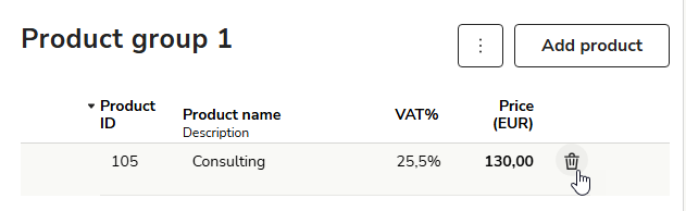 EN Easor App - Sales invoicing - Product register - Product groups - Delete product