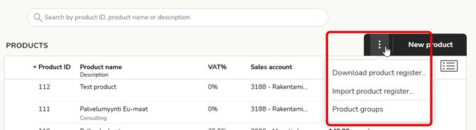 EN Easor App - Sales invoicing - Product register - Threedot menu