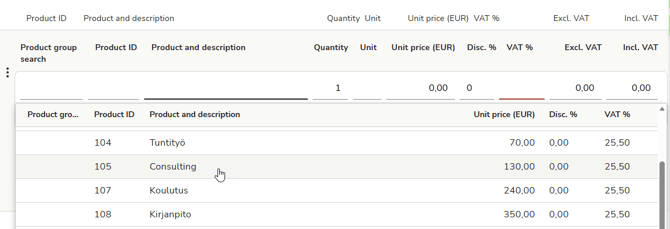 EN Easor App - Sales invoicing - Select product