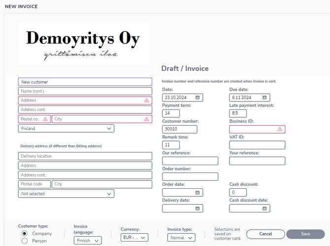 EN Myyntilaskutus - Laskut - Uusi asiakas