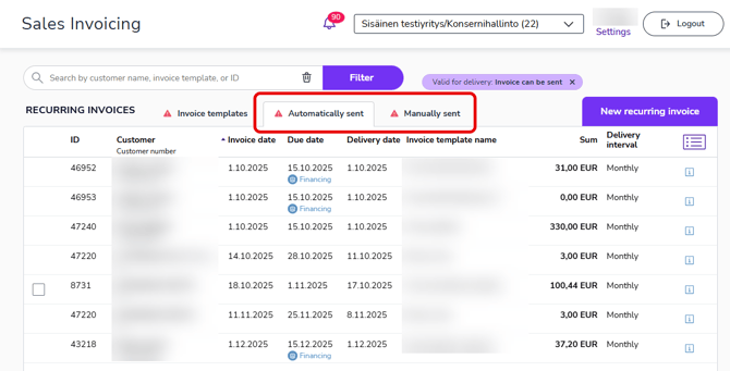 EN Sales invoicing - Recurring invoices - Automatically sent and Manually sent tabs