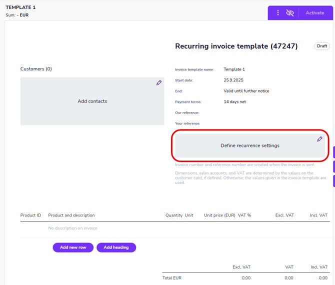 EN Sales invoicing - Recurring invoices - Invoice template - Define recurrence settings area
