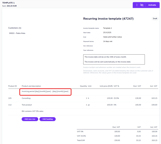 EN Sales invoicing - Recurring invoices - Invoice template - Description