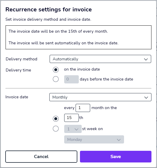 EN Sales invoicing - Recurring invoices - Invoice template - Recurrence settings for invoice dialog