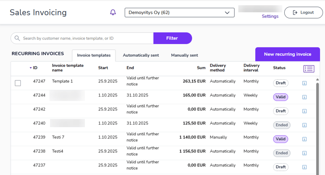 EN Sales invoicing - Recurring invoices - Invoice templates tab