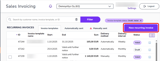 EN Sales invoicing - Recurring invoices - New recurring invoice button