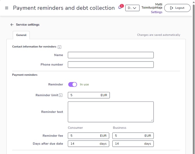 EN Asetukset Maksumuistutukset ja perintä