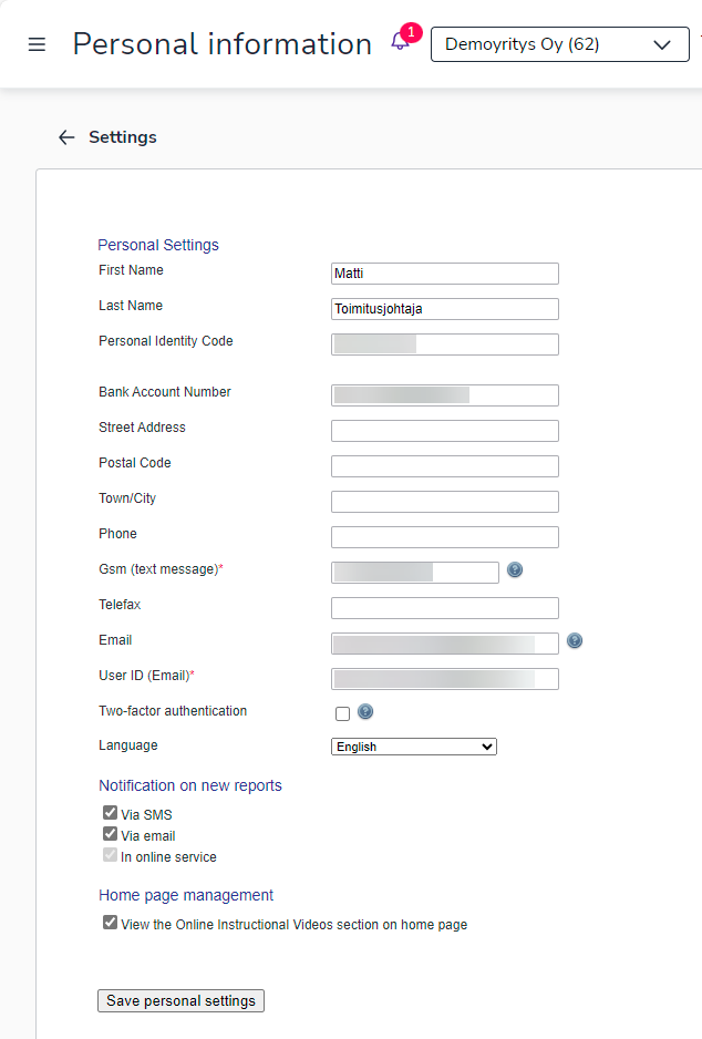 EN Asetukset Omat tiedot