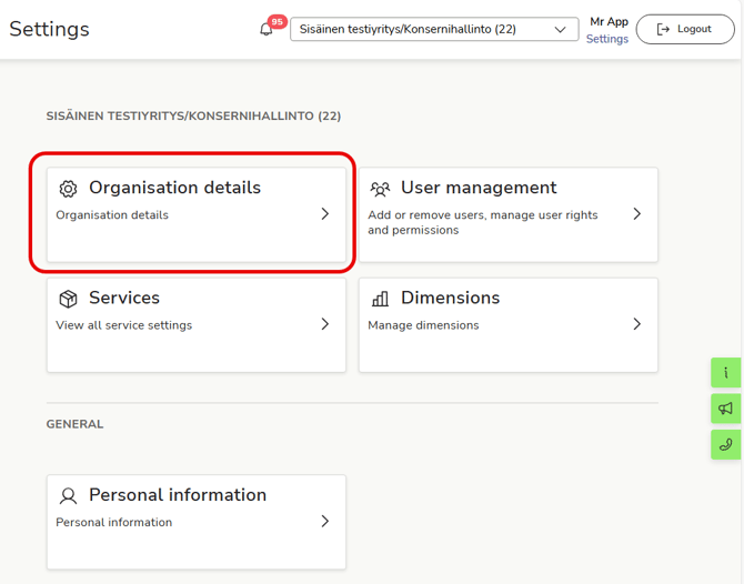 EN Easor App - Settings - Main page - Organisation details