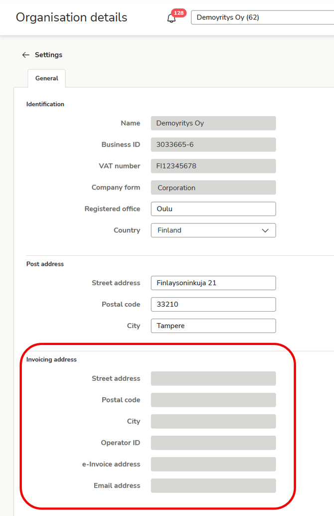 EN Easor App - Settings - Organisation details - Invoicing address