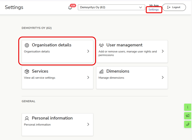 EN Easor App - Settings - Organisation details