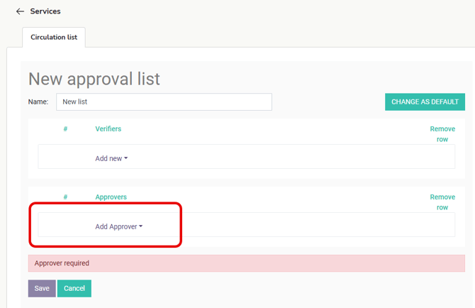EN Easor App - Settings - Services - Payments - New circulation list - Add approver