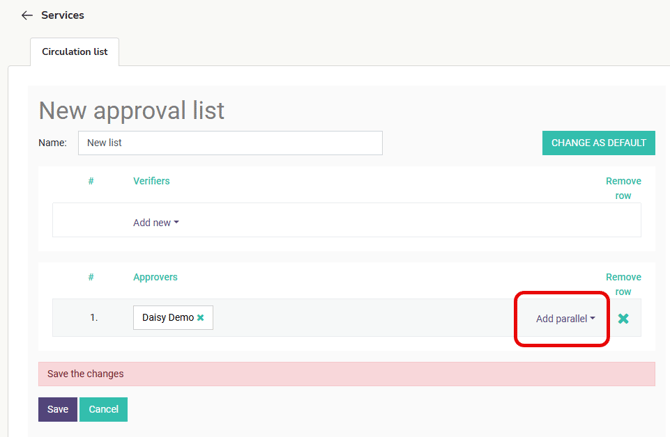 EN Easor App - Settings - Services - Payments - New circulation list - Add parallel