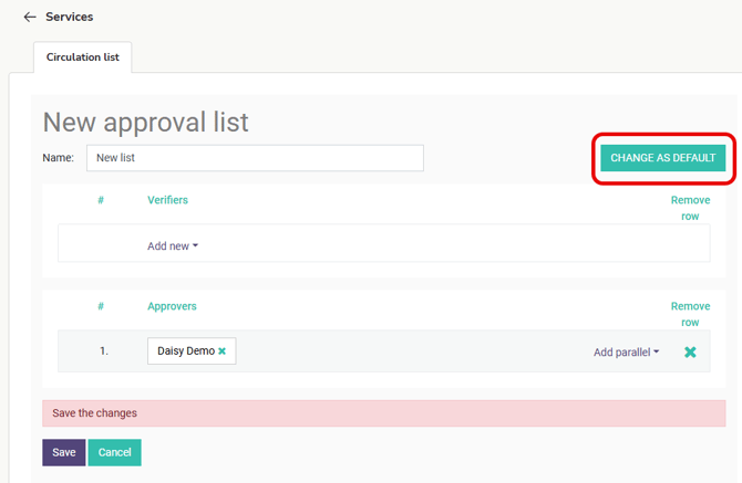 EN Easor App - Settings - Services - Payments - New circulation list - Change as default