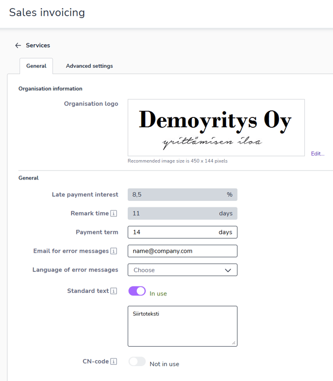 EN Settings Sales invoicing