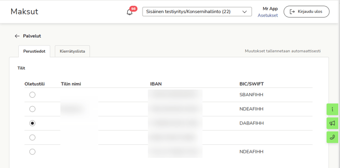 FI Easor App - Asetukset - Palvelut - Maksut - Perustiedot