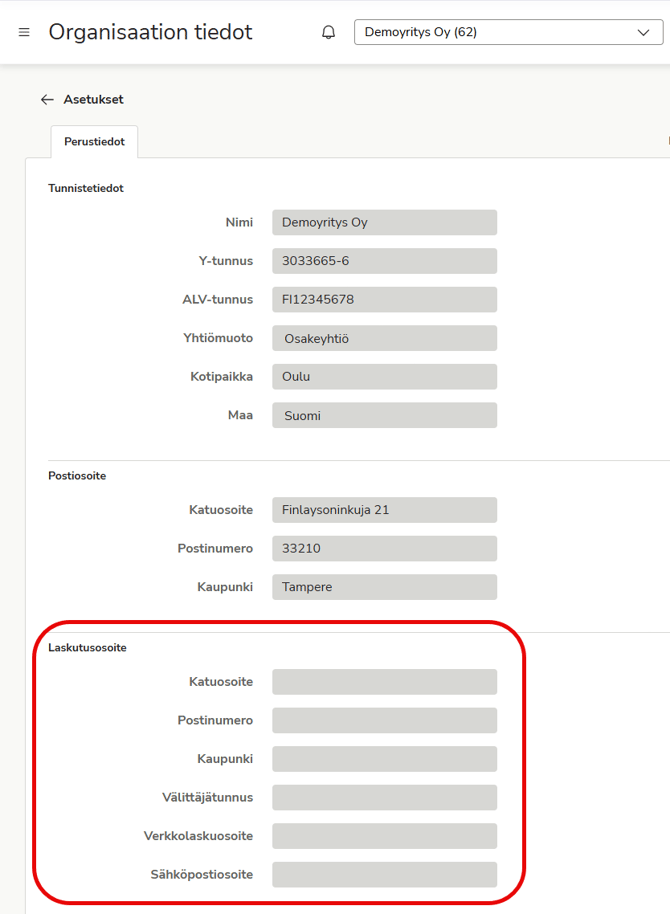 FI Easor App - Asetukset - Palvelut - Organisaation tiedot - Laskutusosoite
