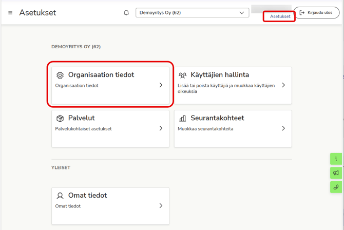 FI Easor App - Asetukset - Palvelut - Organisaation tiedot