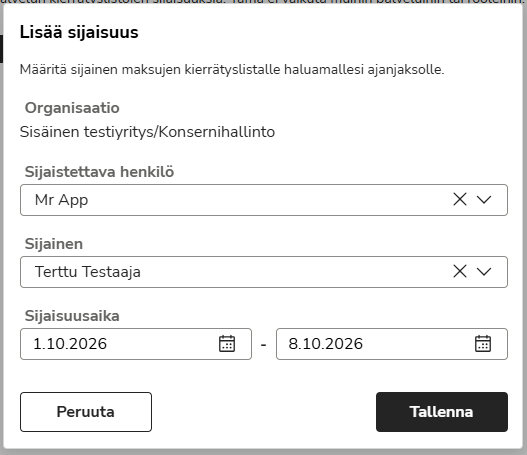 FI Easor App - Asetukset - Sijaisuudet - Lisää sijaisuus dialogi