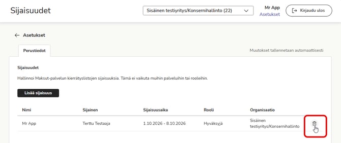 FI Easor App - Asetukset - Sijaisuudet - Sijaisuus määritelty - Poista kuvake-1