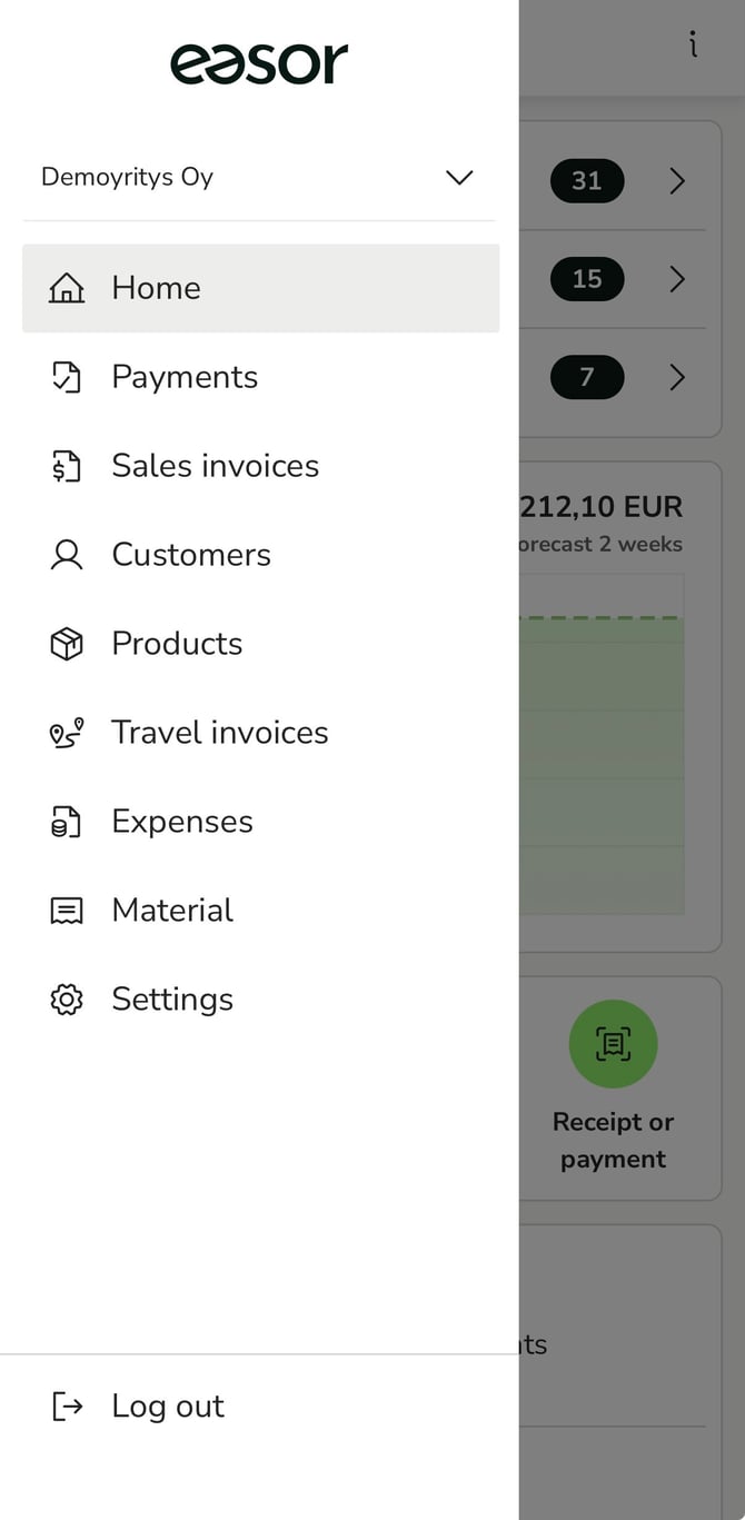 EN Easor App mobile - Main menu