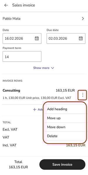 EN Easor App mobile - Sales invoicing - New invoice - Product row three dot menu