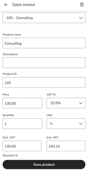 EN Easor App mobile - Sales invoicing - New invoice - Save product